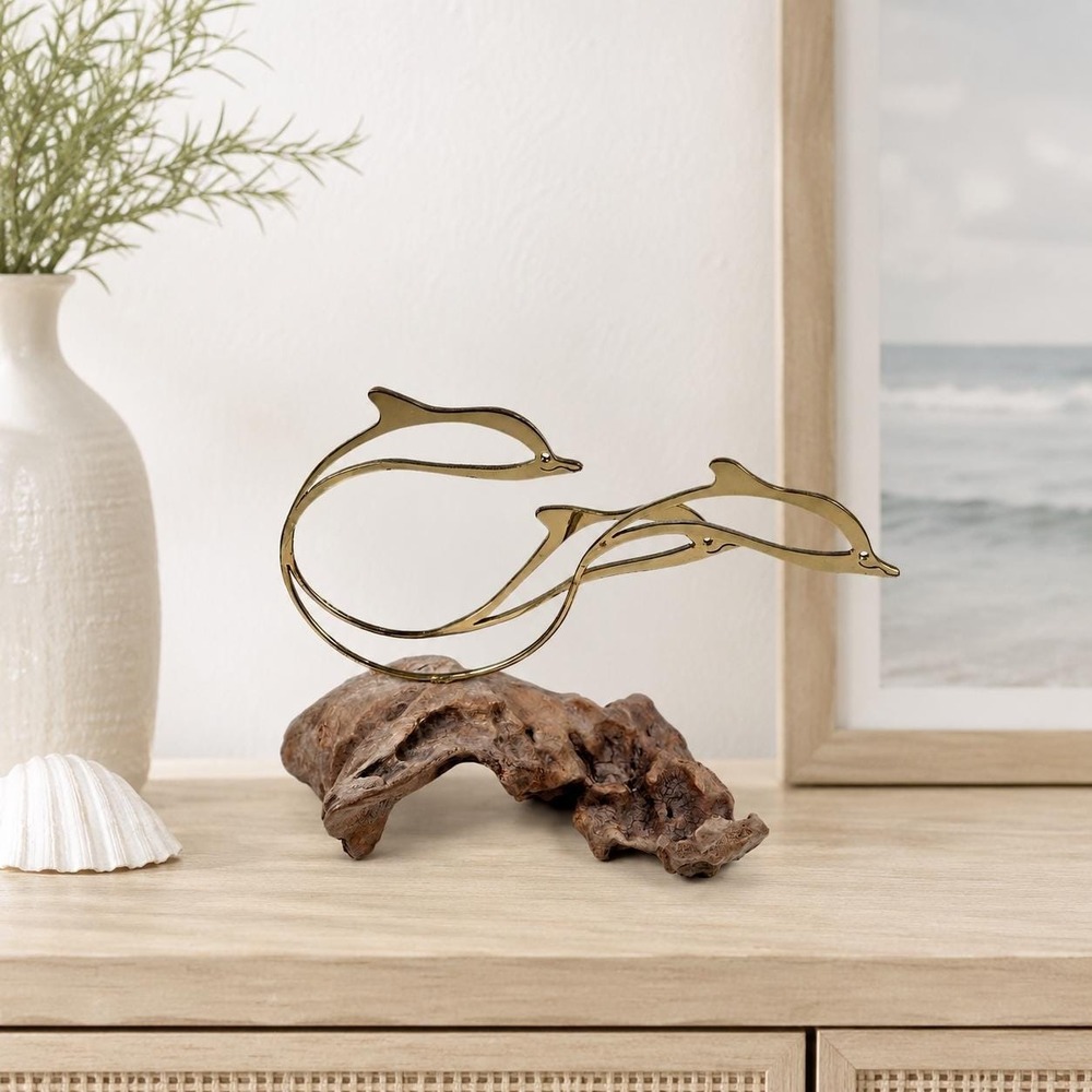 Vintage Brass Dolphin Sculpture Driftwood Base Coastal Nautical Decor